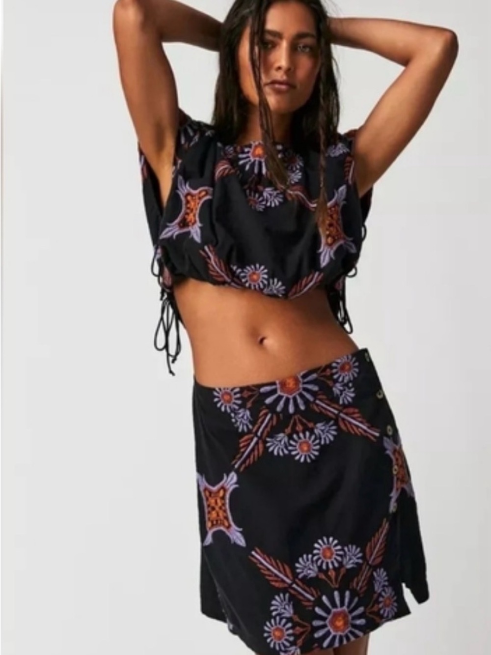 Free People Black Two-Piece Set with Lavender & Rust Floral Print